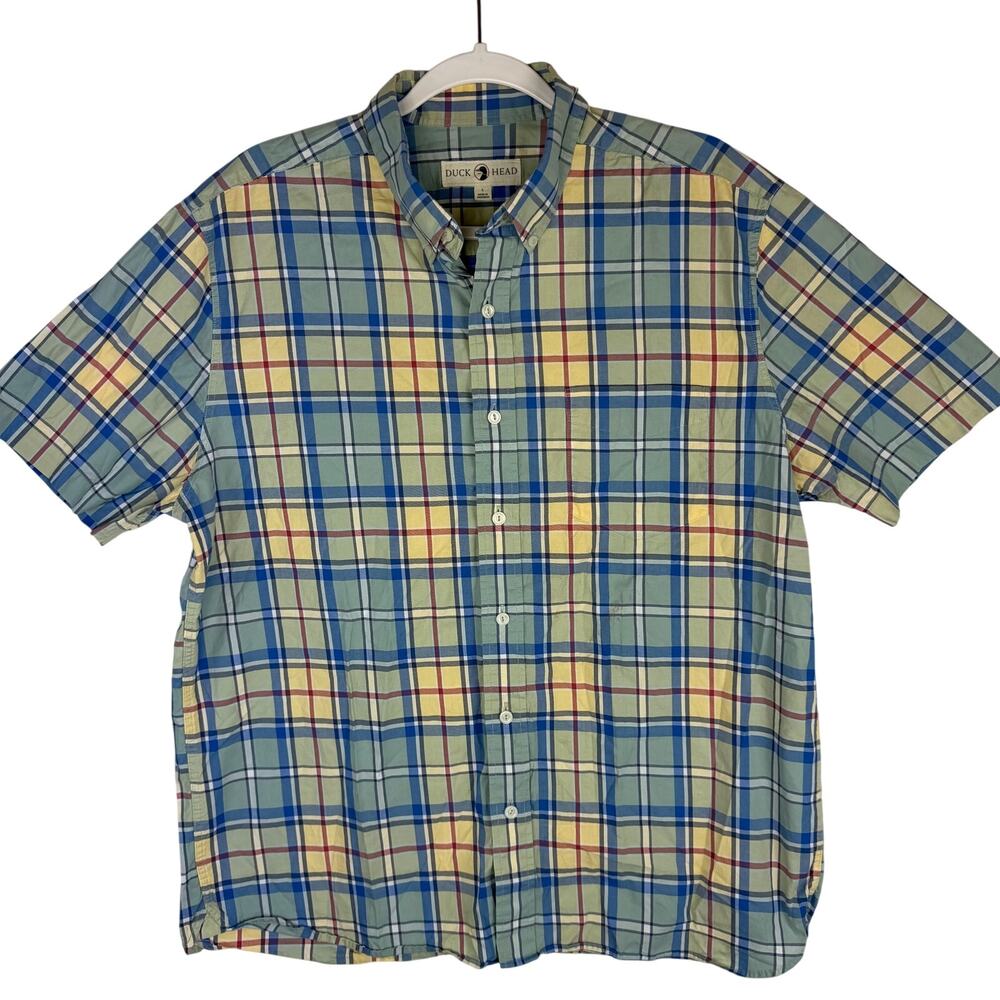 Duck Head‎ Madras Plaid Short Sleeve Button Down Shirt Mens Size L Blue Yellow